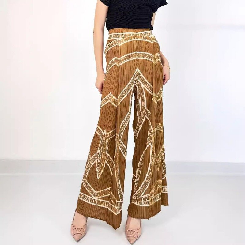 Miyake Rugged Vintage Stripe impresso calças largas para mulheres, calças soltas de alto sentimento, verão