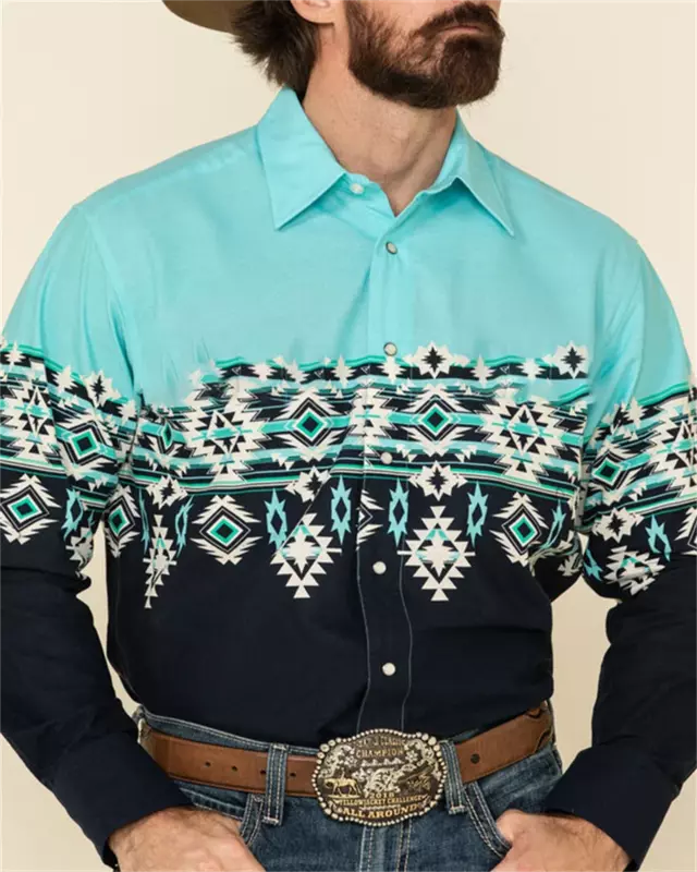Мужская джинсовая рубашка с воротником на пуговицах, Повседневная рубашка большого размера с длинными рукавами и отложным воротником, в западном стиле, новинка 2024