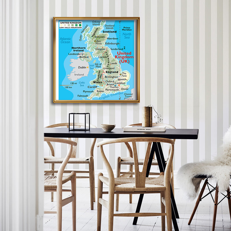Орграфическая карта Великобритании, нетканый холст 90*90 см, школьные принадлежности для украшения дома