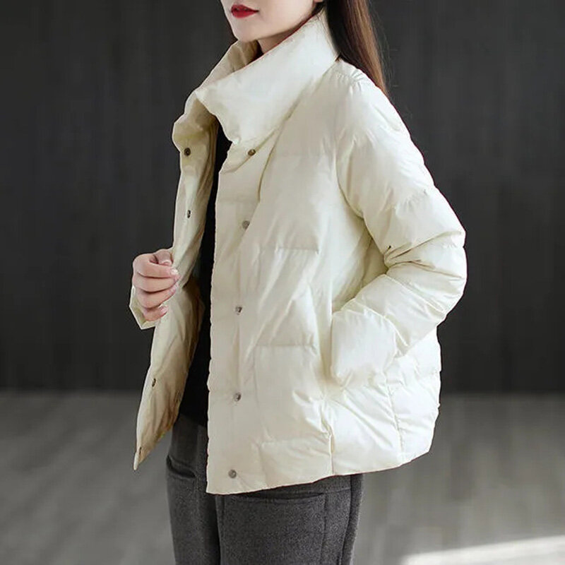 여성용 스탠드업 칼라 다운 코튼 코트, 루즈하고 가벼운 얇은 짧은 파카 재킷, 2024 가을 겨울 신상