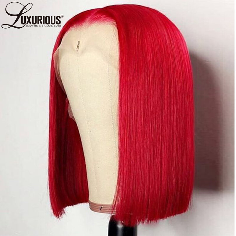 Perucas de renda curta retas brasileiras para mulheres negras, cabelo humano virgem pré arrancado, Bob perucas, peruca frontal transparente HD, 13x4, vermelho