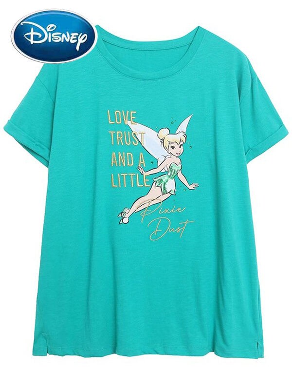 Disney T-Shirt Tinker Bell Peter Pan Cartoon Print Embroidery 2024 New Fashion Women O-Neck Pullover Short Sleeve Female Tee Top