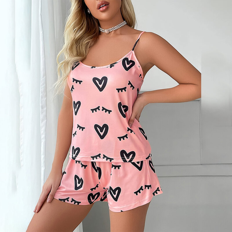 Women Fashion Love Print Sexy Lingerie 2pcs Sleepwear Top Shorts Pajama Set Comfortable Breathable Summer Intimates Nightwear