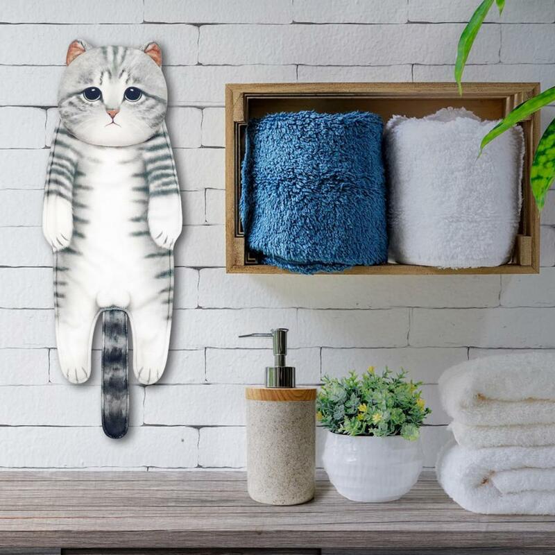 Toalla suave con temática de gato, toalla de mano absorbente con forma de gato de dibujos animados para cocina, baño, Adorable, colgante para casa