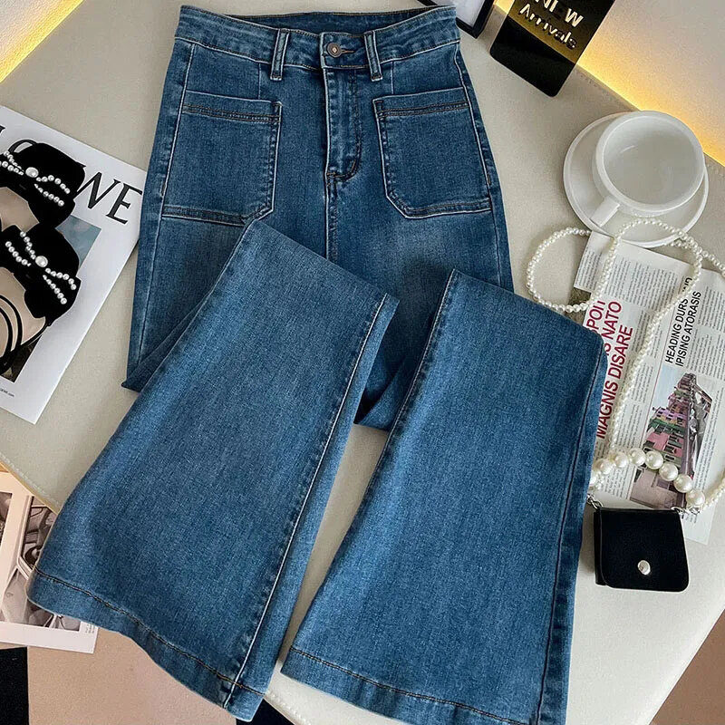 Chic Bolso Streetwear Flare Jeans 2023 Simples Cintura Alta Slim Denim Calças Primavera Outono Soltas Retas Mulher Vaqueros