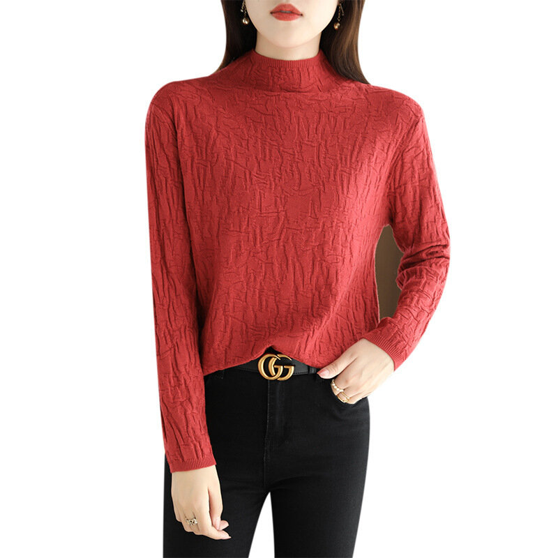 Mock Neck Sweater Women's Sunken Stripe Knitwear 2024 New Slim Fit Fashion Inner Match Pattern Bottoming Shirt Top