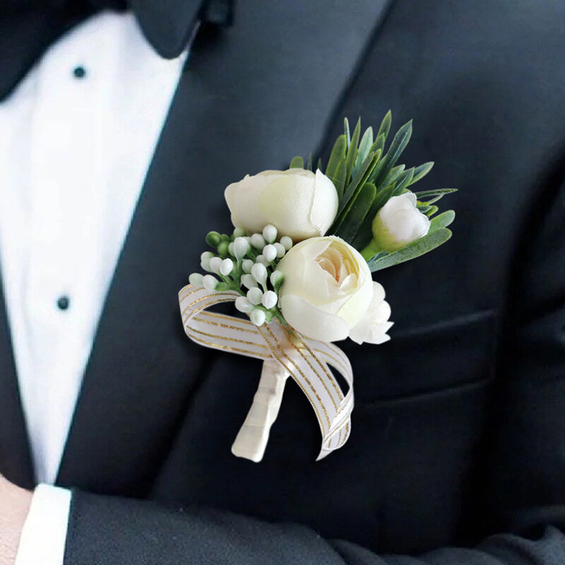 Boutonnieres flores artificiales Camelia seda marfil ramillete abotonado padrino de boda accesorios de fiesta