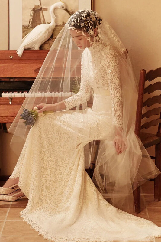 Gaun pengantin Boho lengan panjang leher perahu putri duyung elegan untuk wanita 2023 gaun pengantin dengan ritsleting