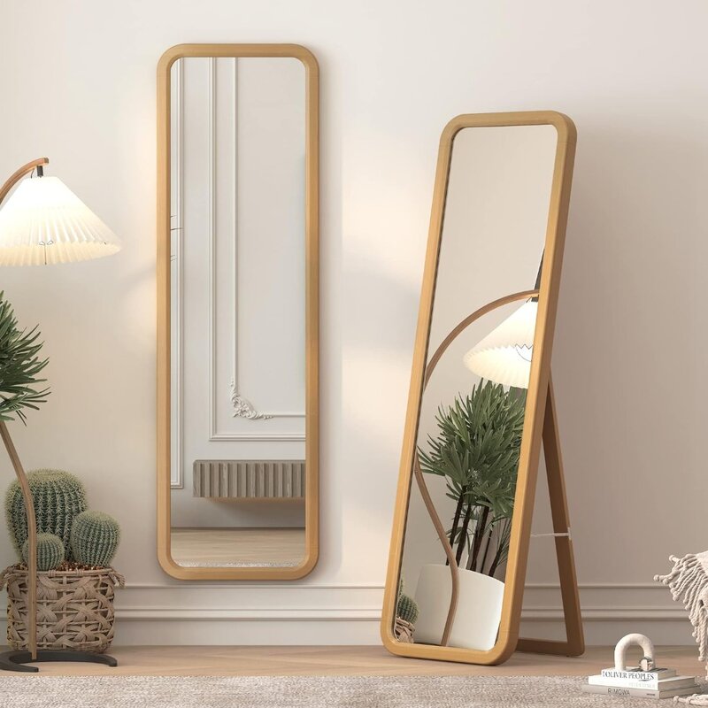 Specchio per tutto il corpo, specchio da terra, cornice in legno massello, angolo arrotondato, verticale o a parete, specchio per camera da letto