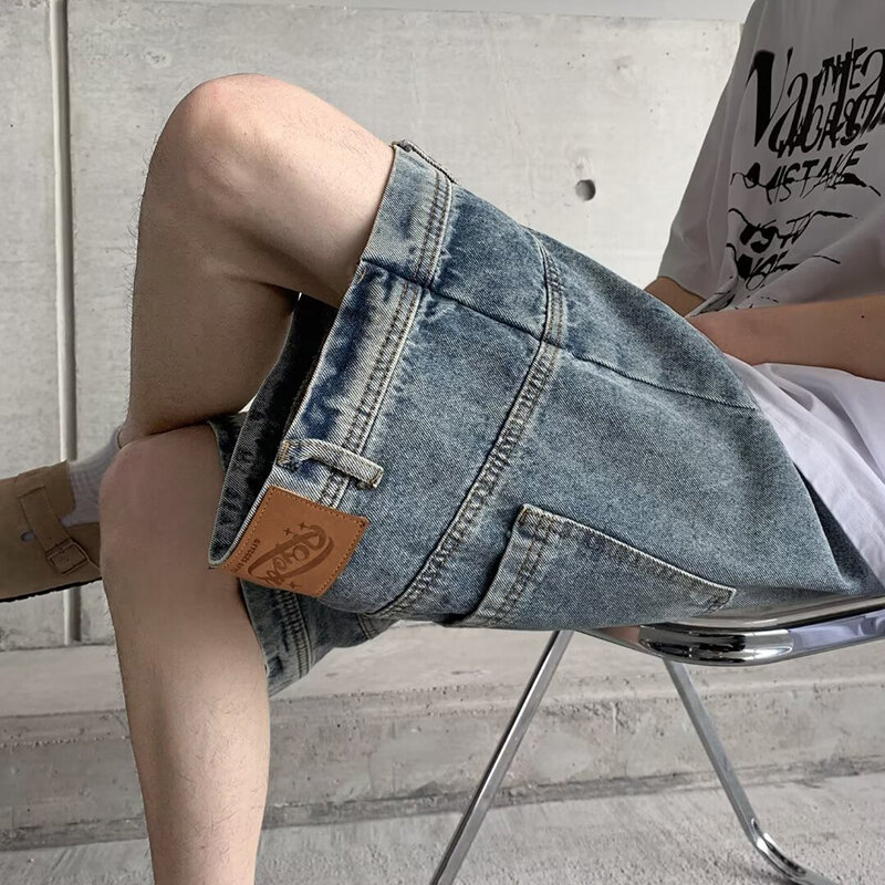 Fewq MODE Korea ขากว้างดีไซน์ celana pendek DENIM แบบวินเทจกระเป๋าสีทึบ2024 24X9123หลวมลำลองฤดูร้อน