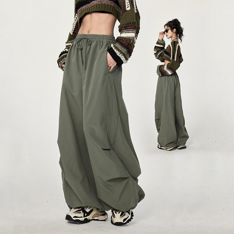 American Trendy Loose Wide Leg Workwear Pants Women Solid Elastic High Waist Drawstring Pockets Spring Casual Straight Trousers