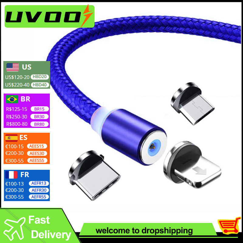 UVOOI Kabel Pengisi Daya Magnetik Tipe C Kabel Magnetik untuk Pengisi Daya Ponsel Samsung Xiaomi Kabel Magnet USB Mikro untuk Iphone