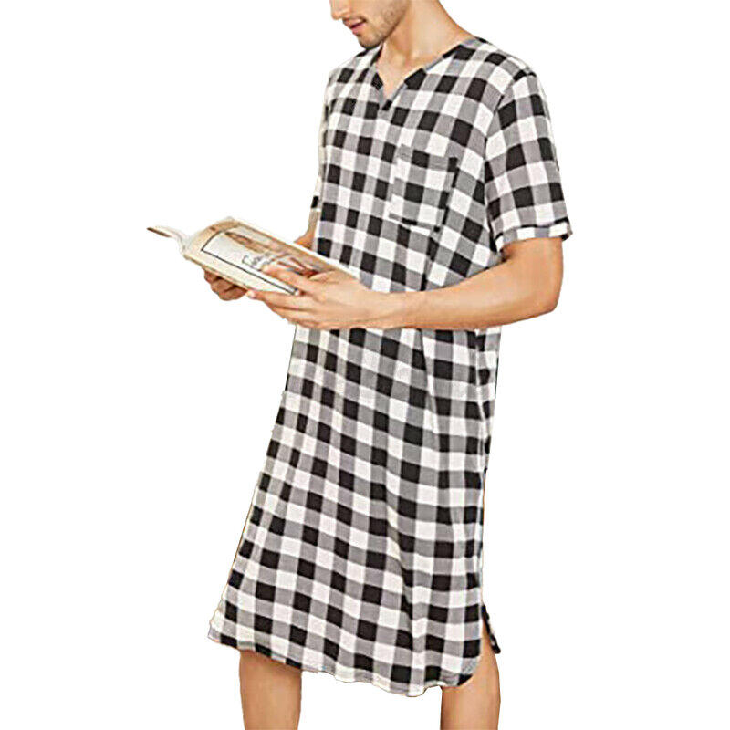 남성용 격자 무늬 반팔 브이넥 상의 셔츠 잠옷, 샴 잠옷, 캐주얼 루즈 홈 웨어