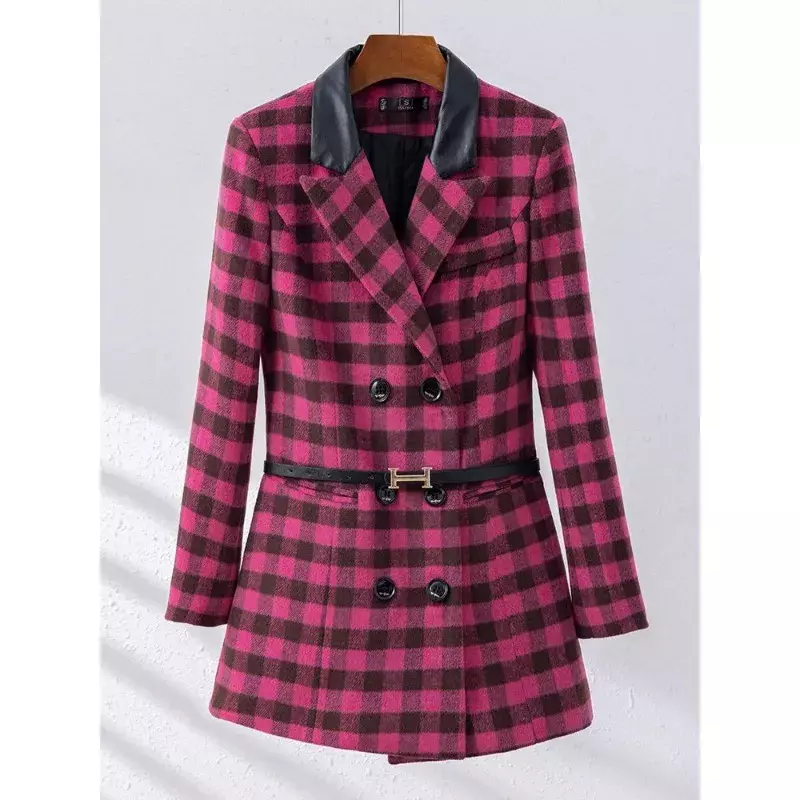 Женский осенне-зимний Повседневный Блейзер, женский розовый, абрикосовый, зеленый клетчатый пиджак с длинным рукавом и тройным рядом пуговиц, рабочая одежда, куртка, пальто