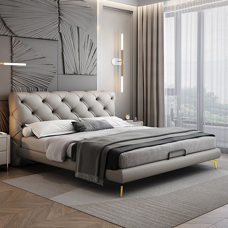 イタリアのミニマリストレザーベッド,シングルベッド,高品質の豪華なベッド1.8m,ハイエンドエアベッド