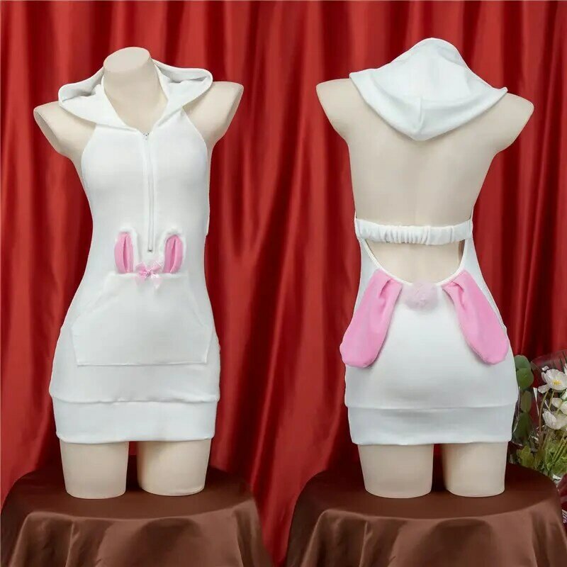 Backless Hip wrap Bunny Girl Hoodie Maid Outfit Dress Japanese Women Girls Cosplay Costume Sexy Dress Show Suit