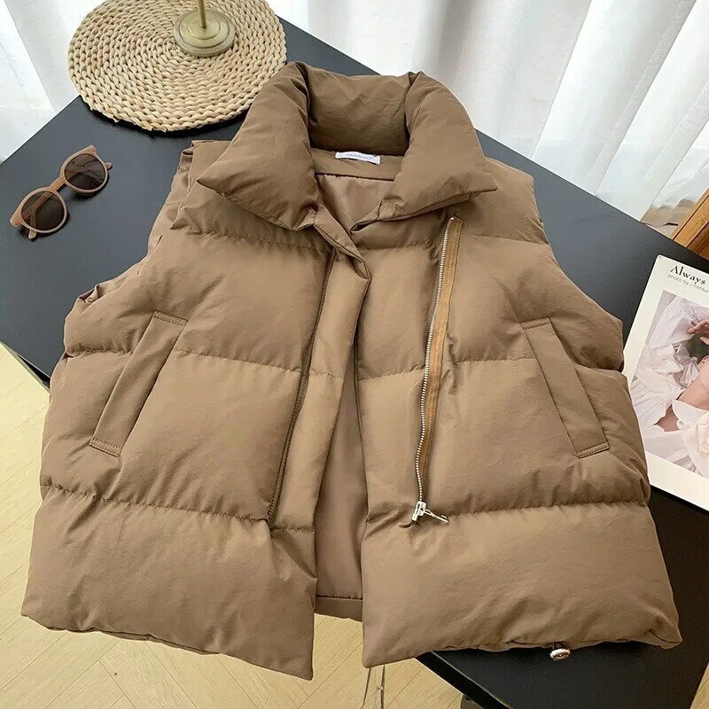 Colete de algodão feminino de gola alta, jaqueta sem mangas, colete outono-inverno, top coreano, novo, 2023