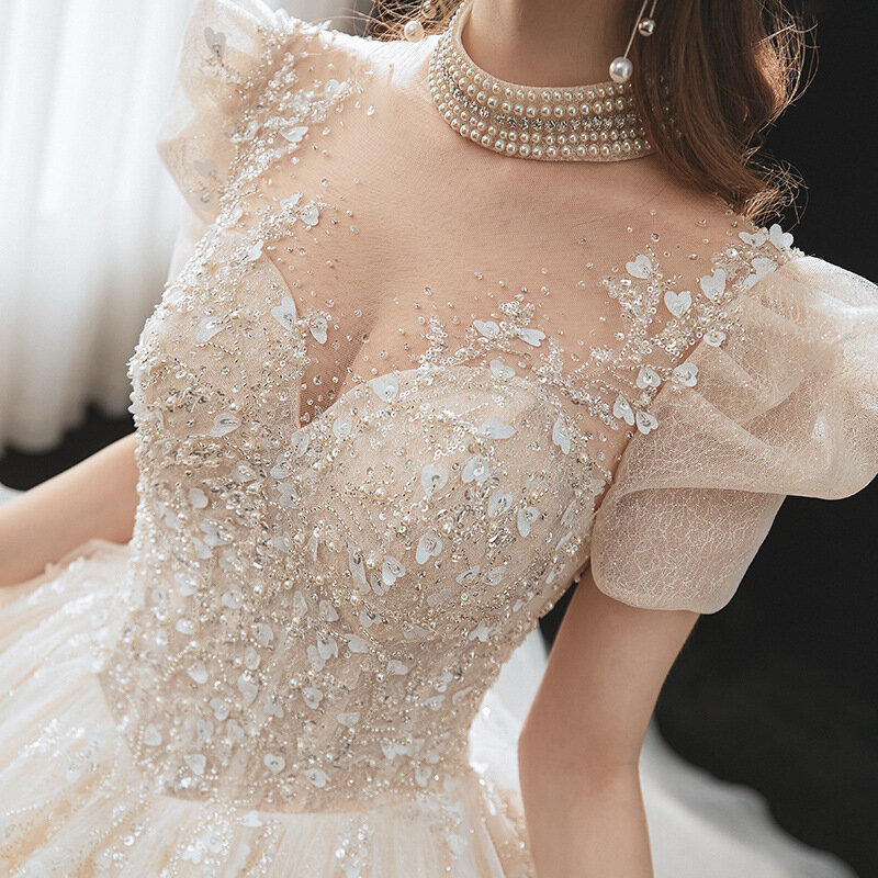 Luxury Beading Wedding Dresses Gorgeous Appliques Chapel Train Ball Gown High Neck Puff Sleeve Vintage Wedding Bride Gowns