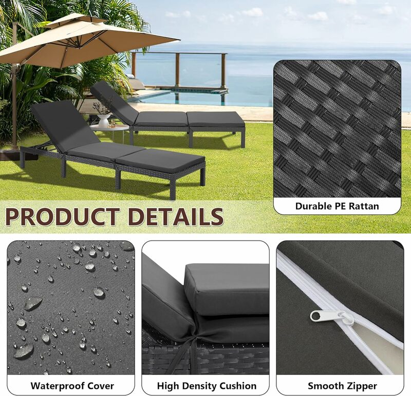 Lounge Chairs for Outside, Outdoor Rattan Wicker Chaise Lounge with Cushion, Adjustable Backrest, Ideal for Pool, Patio