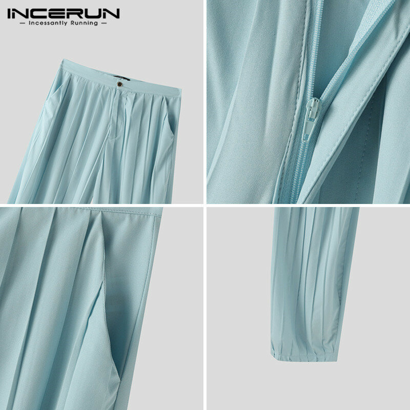 INCERUN-Pantalones rectos de Color liso para hombre, ropa de calle plisada, holgada, larga, a la moda, S-5XL, 2024