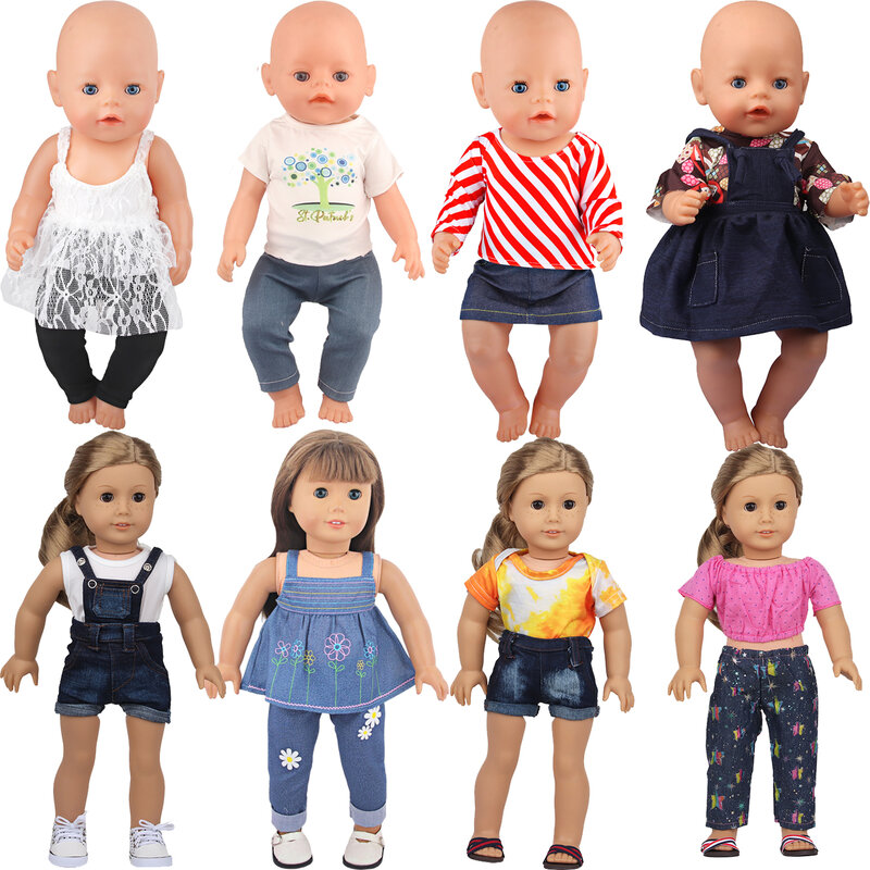 Ubranka dla lalki Denim garnitur T-shirt + spodnie/spódnica ubrania zestaw dla 18 Cal Amerian i 43cm dziecko noworodki lalka Fot OG dziewczyna lalka zabawki prezentowe
