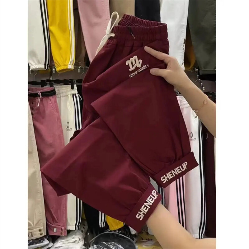 2024 New Ice Silk Embroidered Cropped Pants For Women Summer Thin Loose Harem Pants let In Air Quick Drying Sports Pants Ladies
