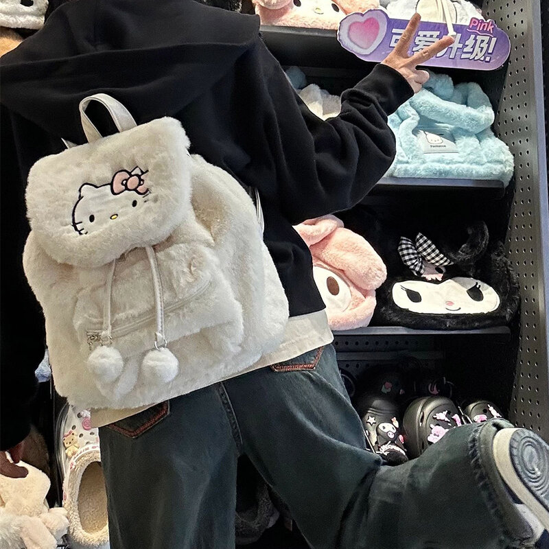 Bolsa de pelúcia feminina Sanrio Hello Kitty, Kuromi Mymelody, bolsa de ombro Kawaii, bolsa simples, mochila de todos os jogos, mochila de moda