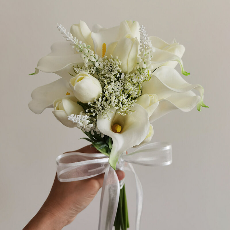 Buket pernikahan buket tangan Calla Lily buatan bunga pegangan pengantin untuk pengiring pengantin bunga pernikahan aksesori pengantin