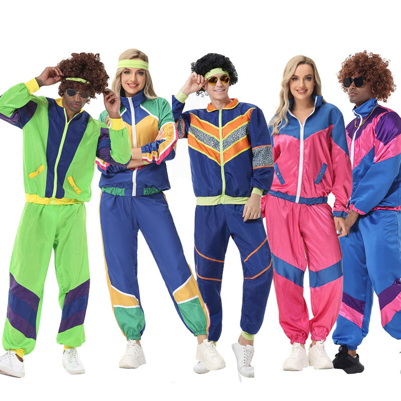 Hippie Discoteca Cosplay para homens e mulheres, roupa esportiva retrô, roupa de Halloween, roupa de carnaval, roupa de festa, anos 80, anos 90