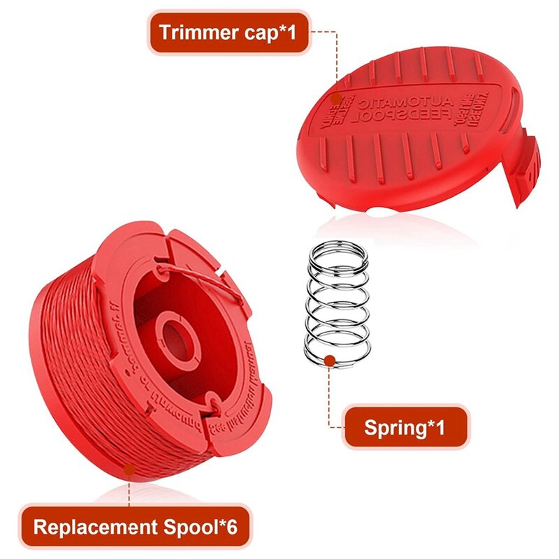 6-Line spul + 1 Cap + 1 Spring Weedwacker string merah kompatibel dengan untuk pengrajin Model: CMCST910 Series