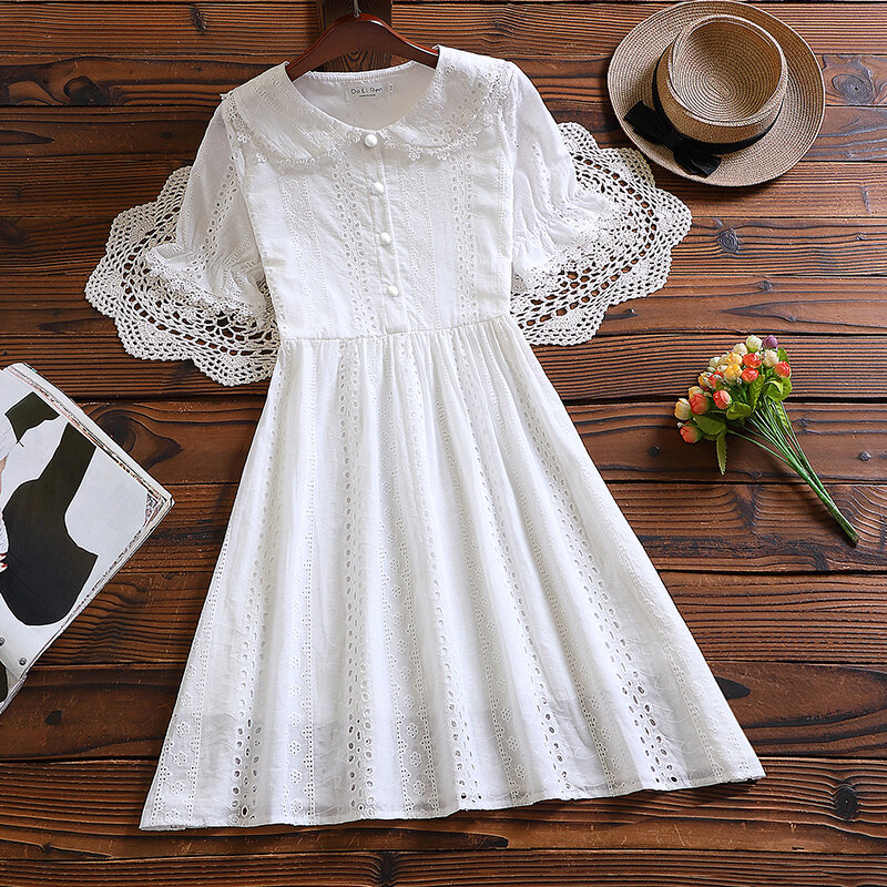Mori-Vestido feminino de manga curta branco, vestido vintage, sólido, moda verão, novo
