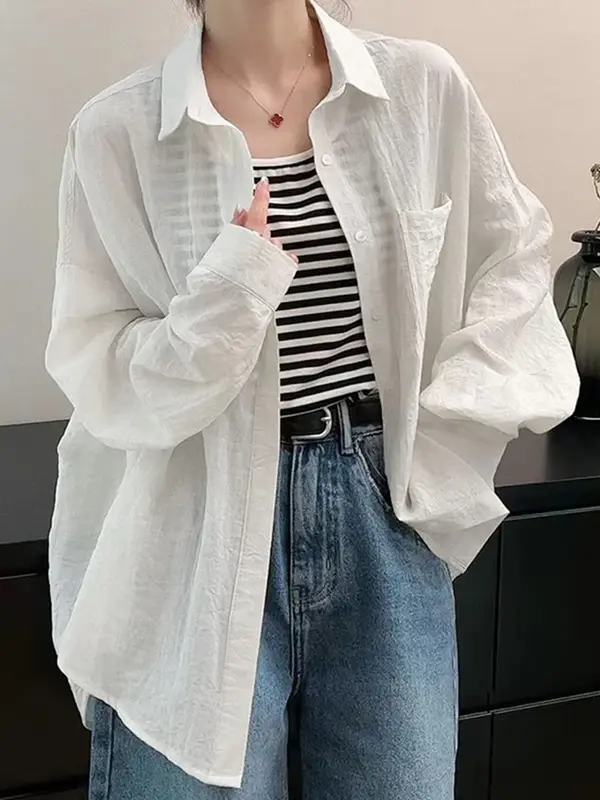 Camisa solta coreana de mangas compridas, blusa justa, feminina, branca, verde, monocromática, simples, básica, casual, feminina, novo, verão