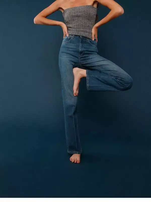 Jeans feminino de cintura alta reta gradiente, calças compridas jeans finas, algodão que combina com tudo, primavera, verão, 2024