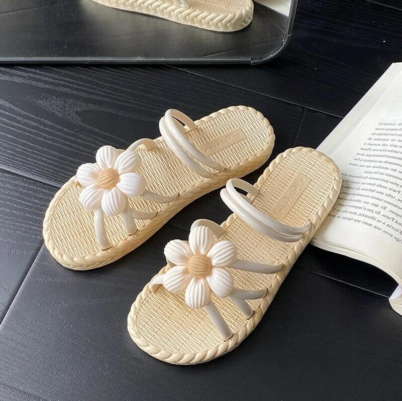 Zapatos de flores para mujer, zapatillas de paja de estilo étnico, informales, a la moda, romanas, de playa, 2024