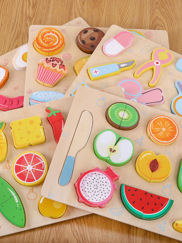 Cute wooden cut fruit vegetables pretend cutting set kitchen chef role play food toy kids toddler educational toy birthday gift