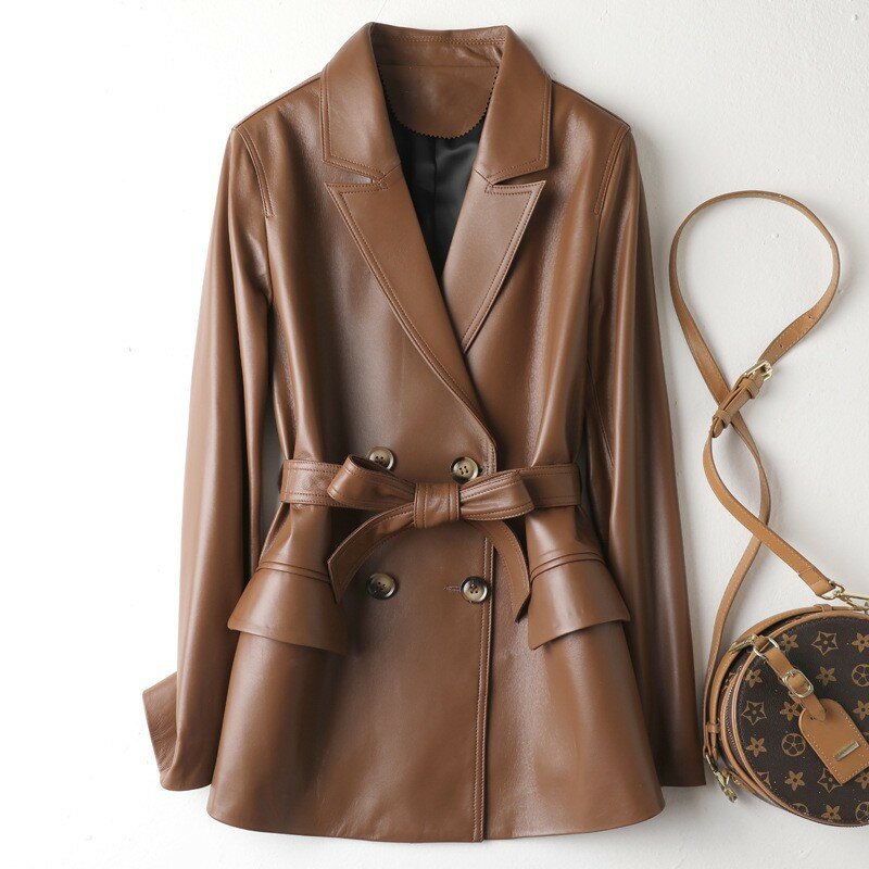 Jaqueta de pele de carneiro feminina, cintura emagrecedora, comprimento MIDI, casaco de couro genuíno, primavera e outono