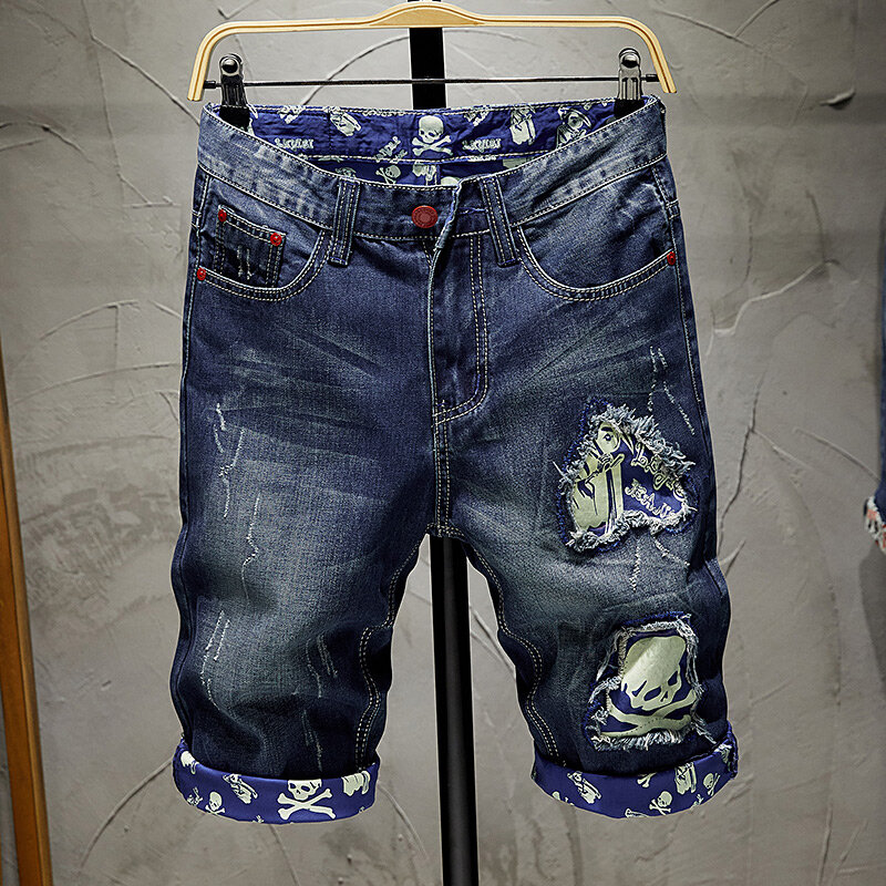 Handsome Motorcycle Denim Shorts Men's Summer Street Fashion Personalized Printed RippedinsHigh Street Slim-Fit Retro Shorts