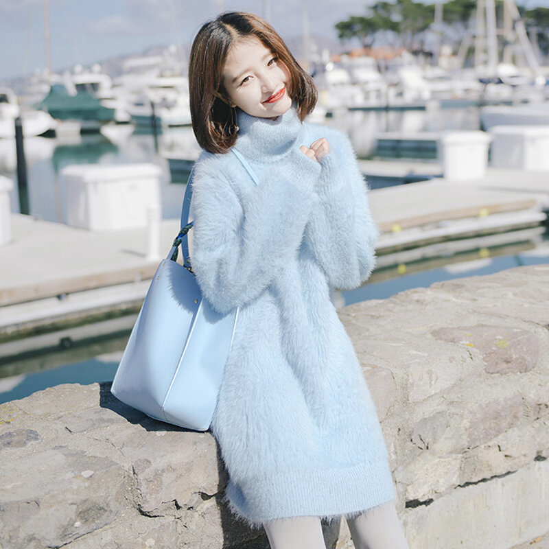 Sweter z golfem moherowym damski sweter sukienka dzianinowa długiej, 2024 koreański, jesienny luźny, dzianinowy grubej zimowej wydłużone swetry sukience