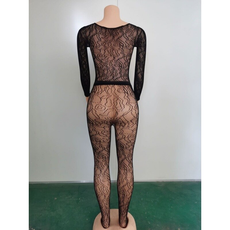 2024 Summer New Mesh See Through Sexy Clubwear Slim 2 Piece Set Women Solid Hollow Out Lace Spicy Girls Bodycon Lingerie Outfits