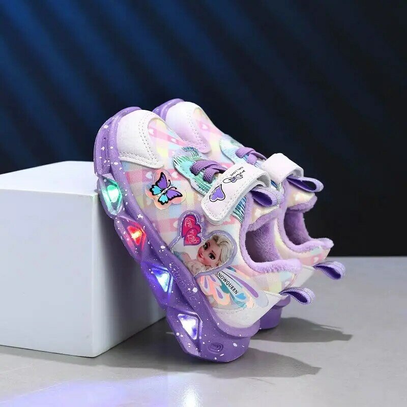 Tênis casuais de LED feminino da Disney, Elsa congelada, estampa princesa, sapatos de couro PU, iluminado, antiderrapante, rosa, roxo, primavera