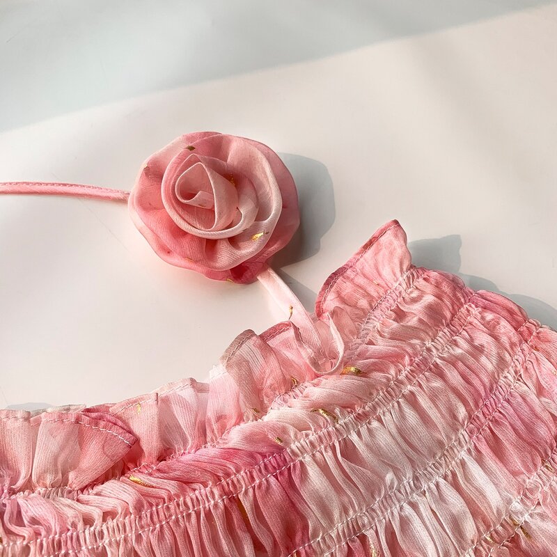 Letni kwiat słodka seksowna plisowana koszula z szyfonu na ramiona kobiety francuskie z krótkim rękawem eleganckie luźne topy na co dzień 26979