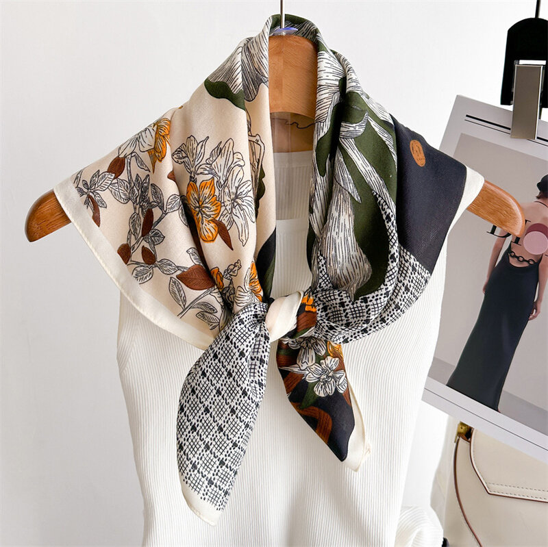 Bufanda de algodón y lino para el cuello, pañuelo fino de 65x65cm con diseño de flores y plantas, estilo campo francés, novedad