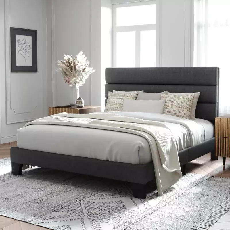 Rozmiar Queen łóżko z pełnymi bokami rama z tapicerowanym zagłówkiem i listwy drewniane wsparciem, w pełni tapicerowany materac