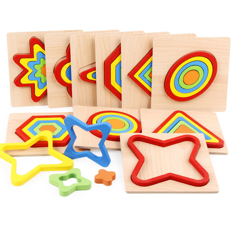 Papan Puzzle bentuk geometris, mainan Puzzle kayu 3D untuk bayi Montessori dan belajar prasekolah untuk anak-anak