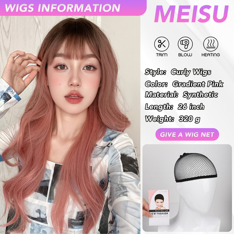 MEISU Wig sintetis serat 24 inci wanita, Wig poni berombak keriting warna merah muda cokelat, Wig sintetis tahan panas untuk pesta atau Selfie