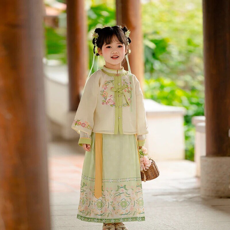 Hanfu-vestido de primavera para niña pequeña, conjunto de dos piezas con cuello de pie, falda larga, estilo antiguo
