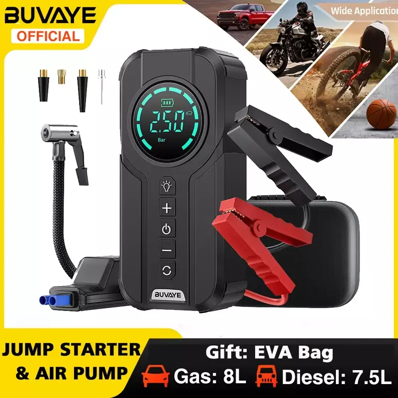 BUVAYE 차량용 휴대용 배터리 스타터, 자동차 점프 스타터, 에어 펌프, 에어 컴프레서, 다기능 타이어 팽창기, EVA 가방 포함