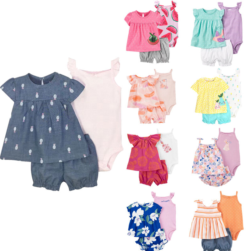 Conjunto de ropa de verano para niñas recién nacidas, manga corta, pantalones cortos, mono de tirantes, ropa para niñas pequeñas, atuendo de 3 piezas