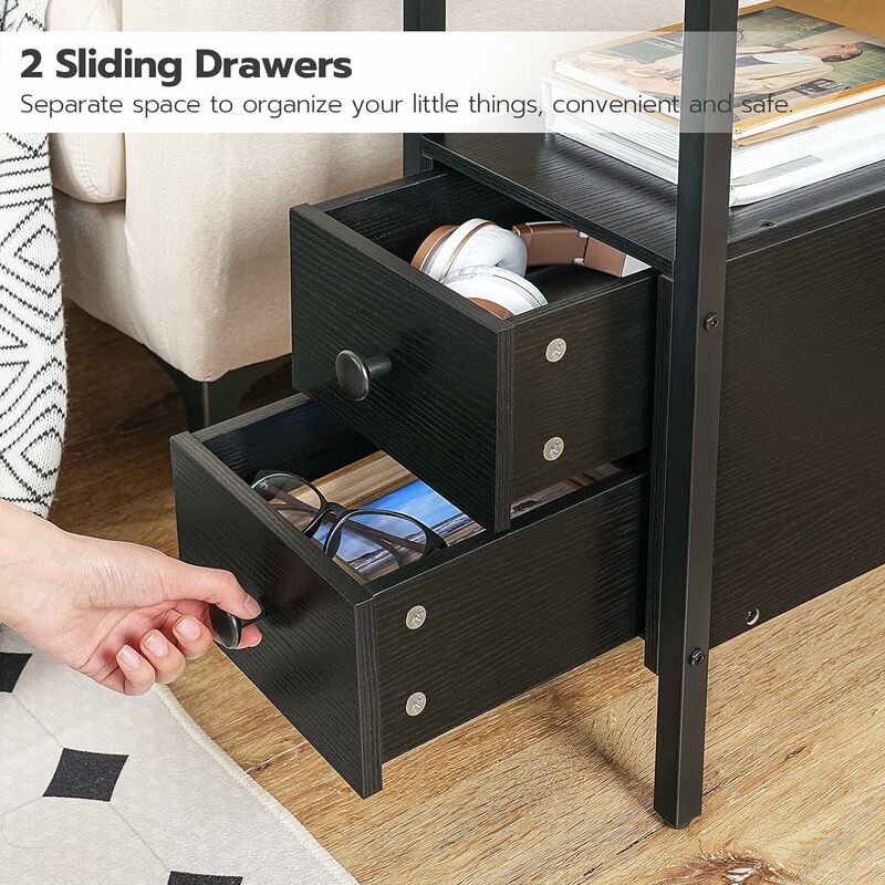Narrow side table with drawers and USB ports and power outlets, small space nightstand, living room, stable solid, black