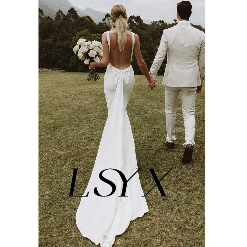 LSYX sederhana tanpa lengan kancing busur gaun pernikahan putri duyung gaun pengantin panjang lantai belakang terbuka Crepe seksi buatan khusus